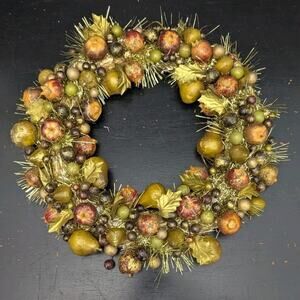 Gold Green Burgundy Tinsel Fruit Wreath Vintage 14"
